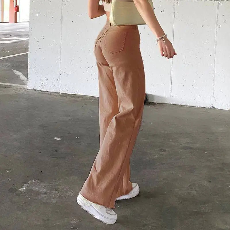 Vaqueros de mezclilla de cintura alta y pierna ancha con bolsillos oblicuos