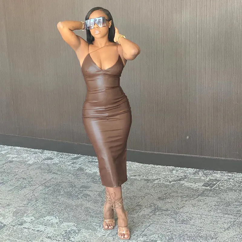 PU Leather V-Neck Bodycon Midi Dress with Slit