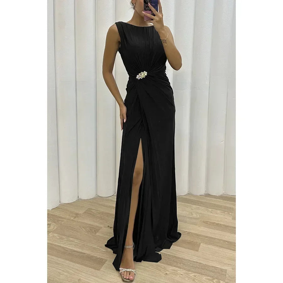 Vestido para fiesta, ajustado, estilo imperio, con abertura