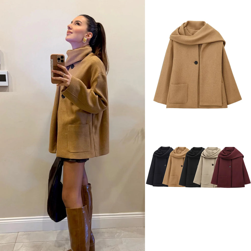 Cárdigan de lana negro con bufanda Abrigo corto de manga larga