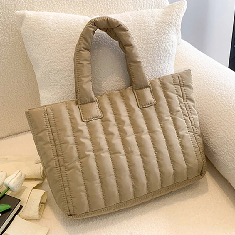 Bolso de mano elegante de nailon, acolchado de algodón, color sólido