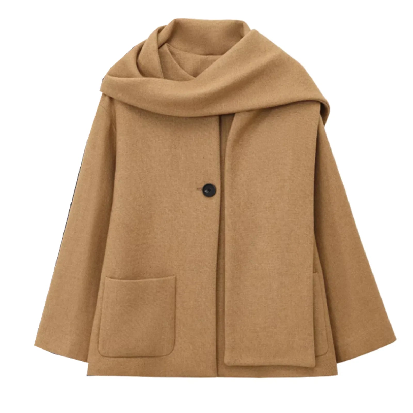 Cárdigan de lana negro con bufanda Abrigo corto de manga larga