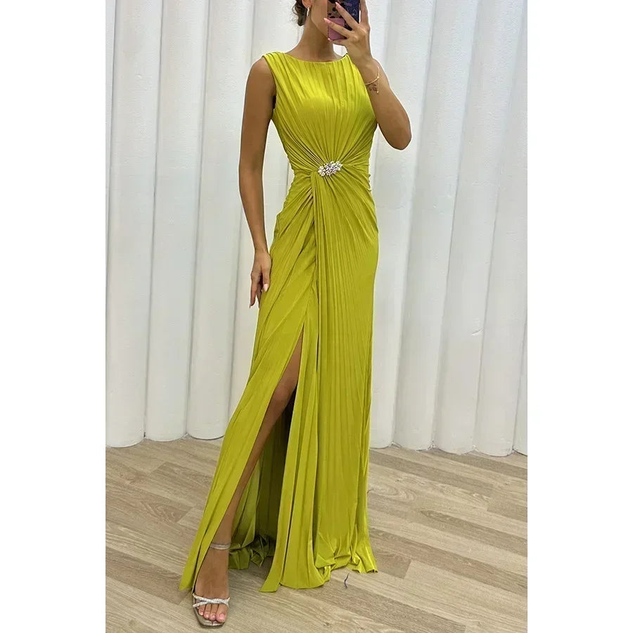 Vestido para fiesta, ajustado, estilo imperio, con abertura