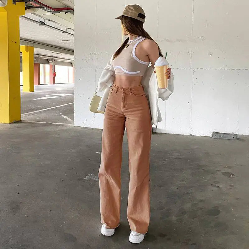 Vaqueros de mezclilla de cintura alta y pierna ancha con bolsillos oblicuos