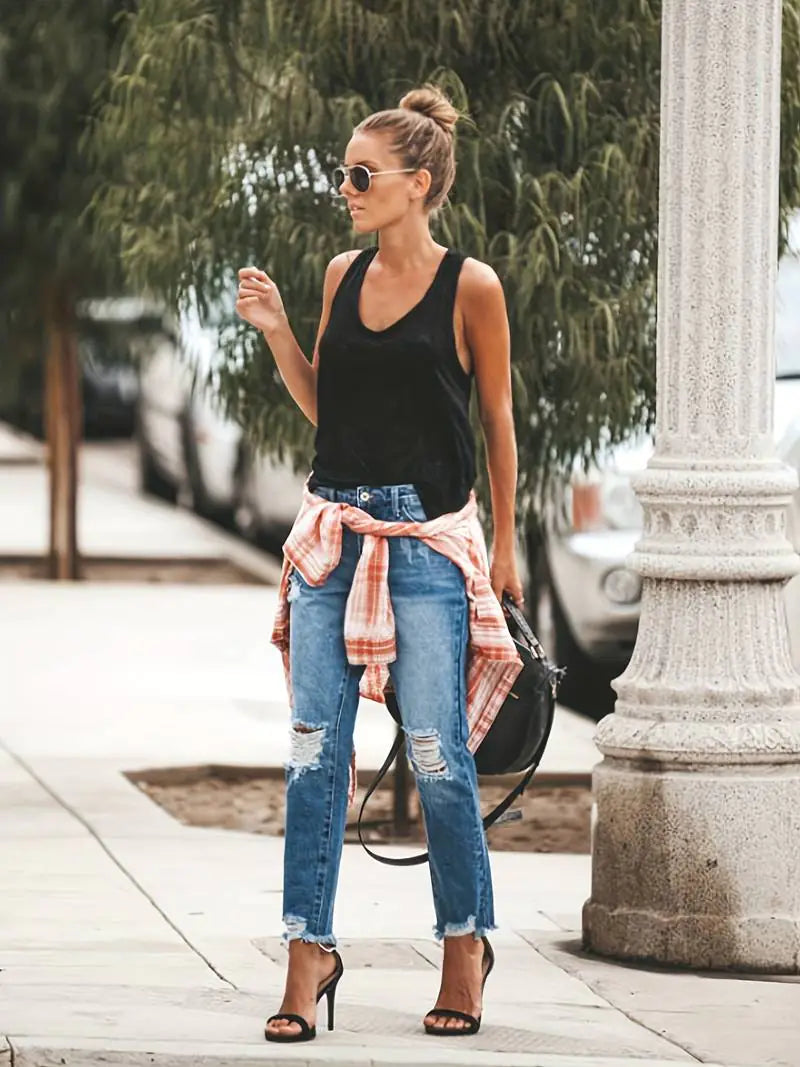 Vaqueros rectos desgastados con dobladillo