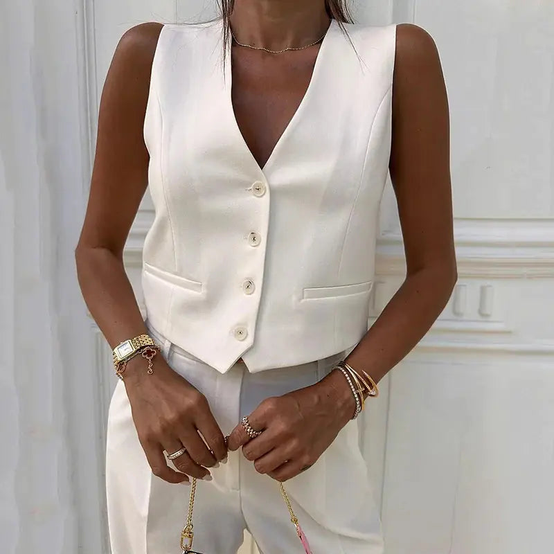 Conjunto de chaleco con botones de color liso
